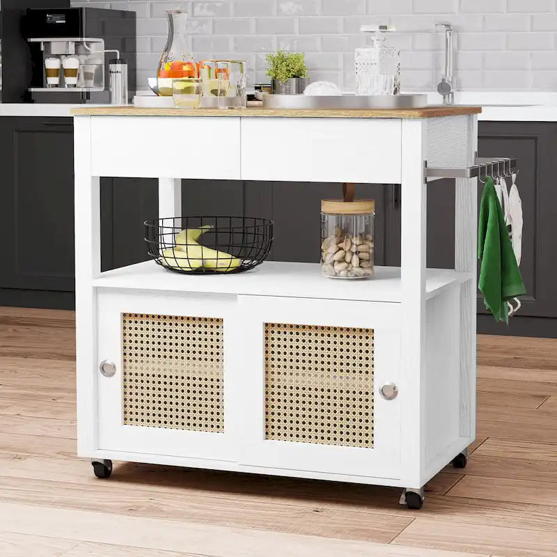Dessin de cuisine roulant en rotin avec armoire de rangement - 32.2L x 19.5W x 35H