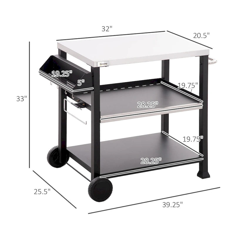 Chariot de desserte pour barbecue d'extérieur à trois étagères avec plateau en acier inoxydable sur roulettes
