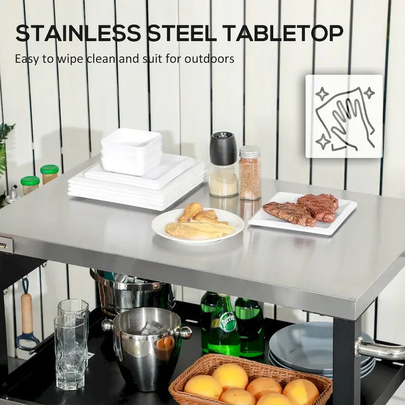 Chariot de desserte pour barbecue d'extérieur à trois étagères avec plateau en acier inoxydable sur roulettes