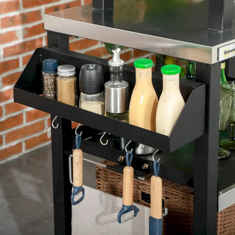 Chariot de desserte pour barbecue d'extérieur à trois étagères avec plateau en acier inoxydable sur roulettes