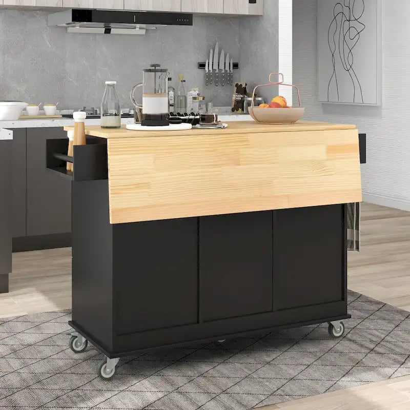Îlot de cuisine mobile à roulettes de 52,7 po avec dessus en bois massif