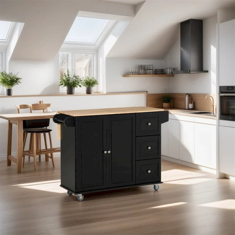 Îlot de cuisine mobile en bois avec tiroirs et porte-serviettes - S/O