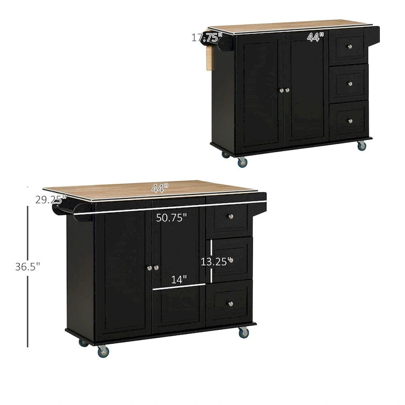 Îlot de cuisine mobile en bois avec tiroirs et porte-serviettes - S/O