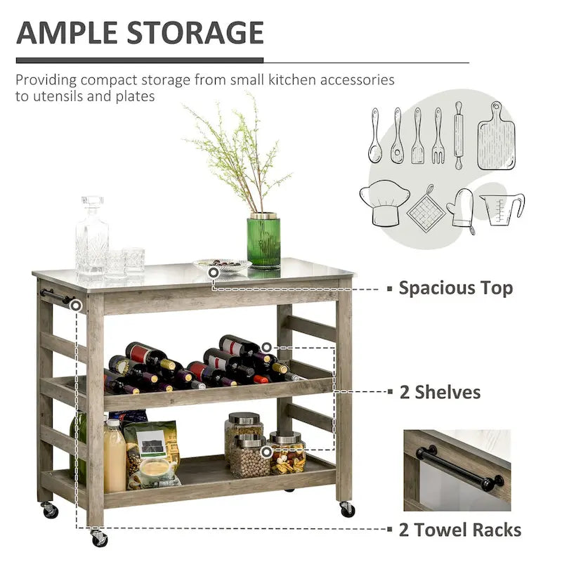 Chariot de cuisine roulant avec comptoir en acier inoxydable