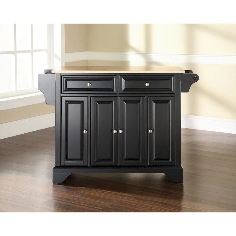 Grand îlot de cuisine avec plateau en bois naturel et finition noire – 51,5 po L
