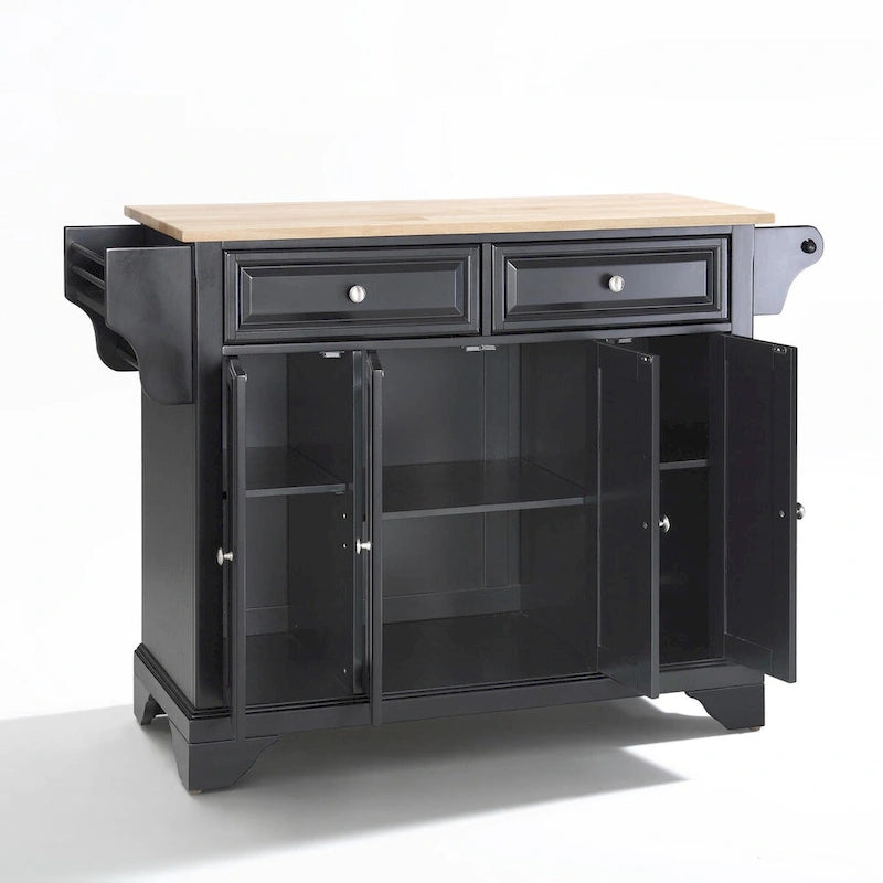Grand îlot de cuisine avec plateau en bois naturel et finition noire – 51,5 po L