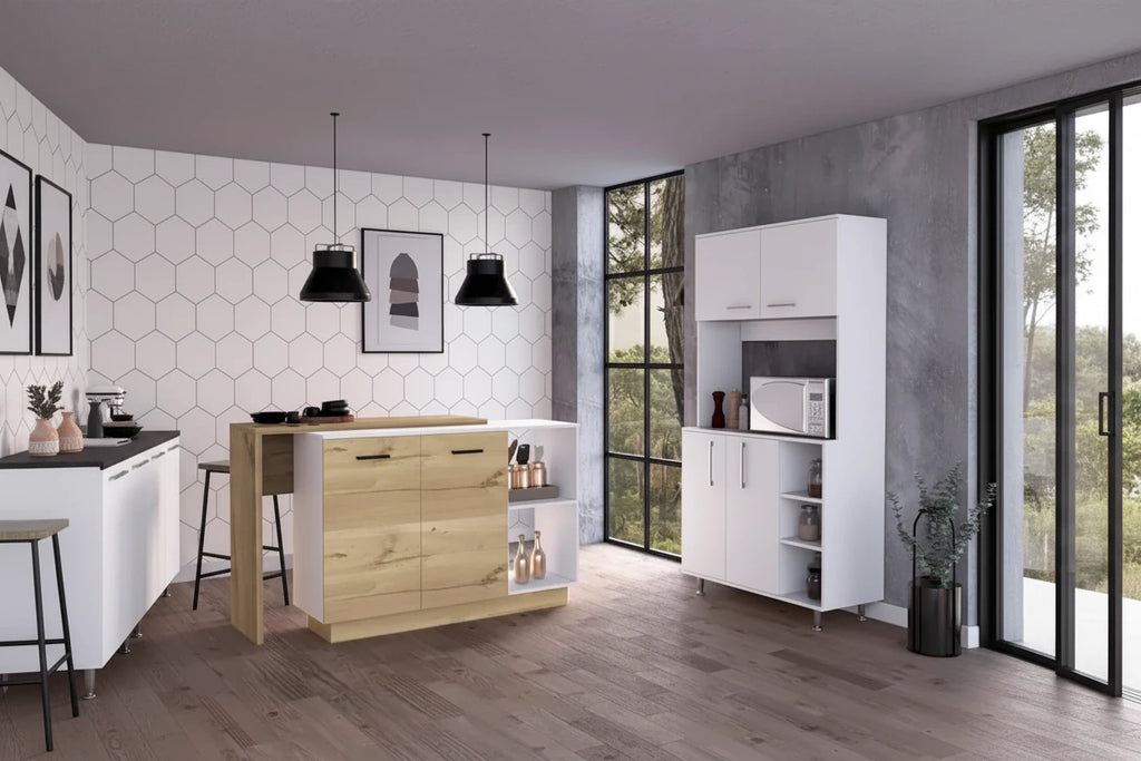 Dorchester 6-Shelf 6-Door 2-piece Kitchen Set, Kitchen Island and Pantry Cabinet White and Light Oak