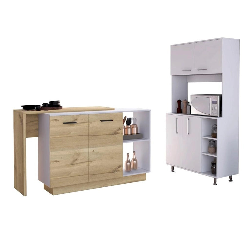 Îlot de cuisine et armoire de rangement à 6 étagères - Blanc et Chêne clair