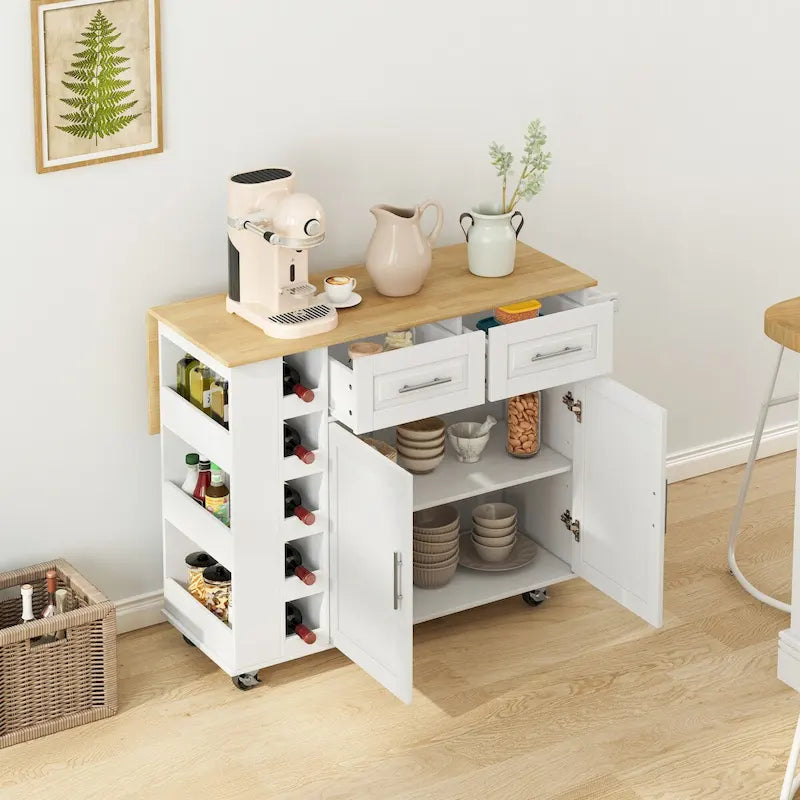 Desserte d'îlot de cuisine multifonctionnelle avec porte-épices, porte-serviettes, casier à vin et plateau pliant en bois d'hévéa