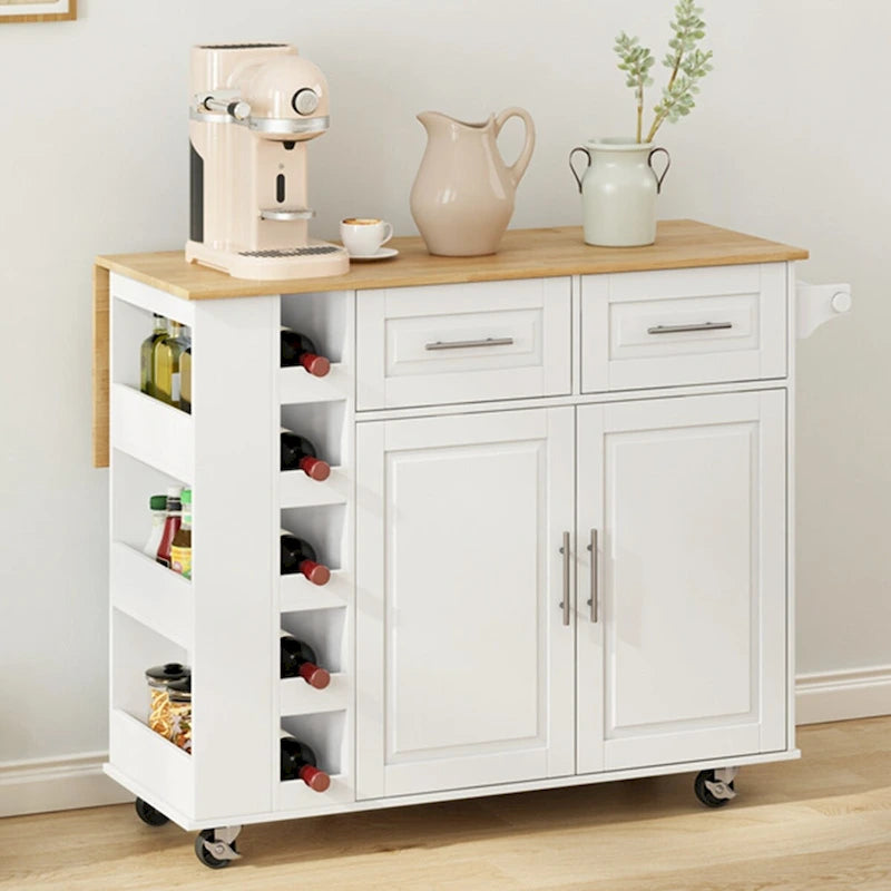 Desserte d'îlot de cuisine multifonctionnelle avec porte-épices, porte-serviettes, casier à vin et plateau pliant en bois d'hévéa