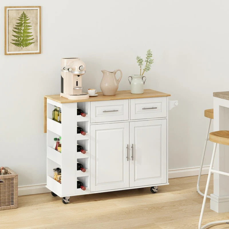 Desserte d'îlot de cuisine multifonctionnelle avec porte-épices, porte-serviettes, casier à vin et plateau pliant en bois d'hévéa