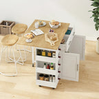 Desserte d'îlot de cuisine multifonctionnelle avec porte-épices, porte-serviettes, casier à vin et plateau pliant en bois d'hévéa
