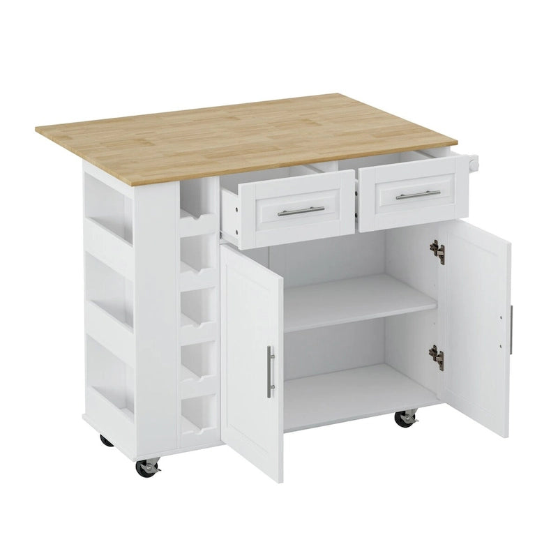 Desserte d'îlot de cuisine multifonctionnelle avec porte-épices, porte-serviettes, casier à vin et plateau pliant en bois d'hévéa