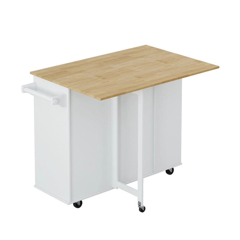 Desserte d'îlot de cuisine multifonctionnelle avec porte-épices, porte-serviettes, casier à vin et plateau pliant en bois d'hévéa