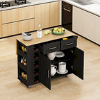 Desserte d'îlot de cuisine multifonctionnelle avec porte-épices, porte-serviettes, casier à vin et plateau pliant en bois d'hévéa