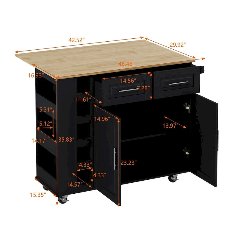 Desserte d'îlot de cuisine multifonctionnelle avec porte-épices, porte-serviettes, casier à vin et plateau pliant en bois d'hévéa