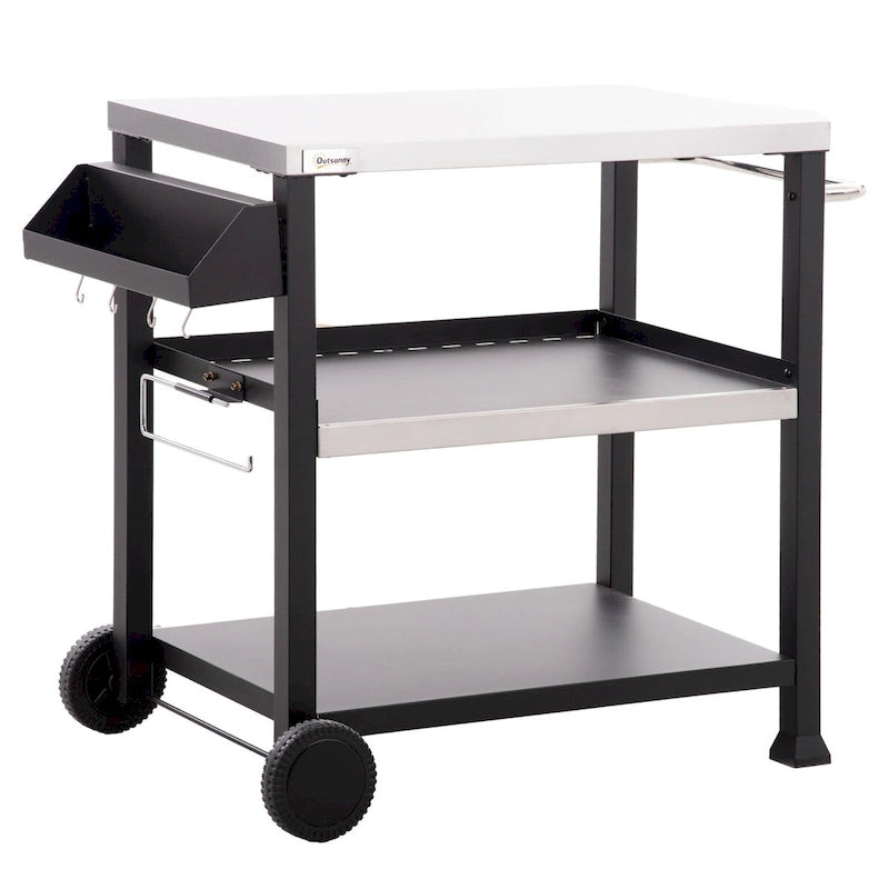 Chariot de desserte extérieur à trois niveaux avec plateau en acier inoxydable