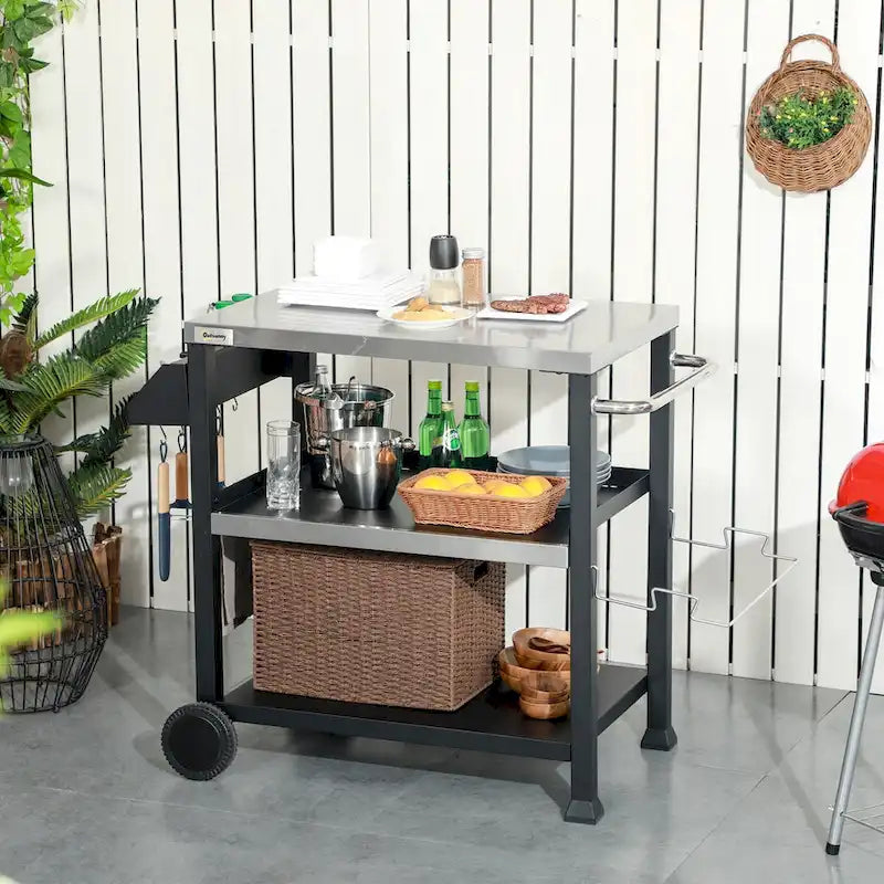 Chariot de desserte extérieur à trois niveaux avec plateau en acier inoxydable