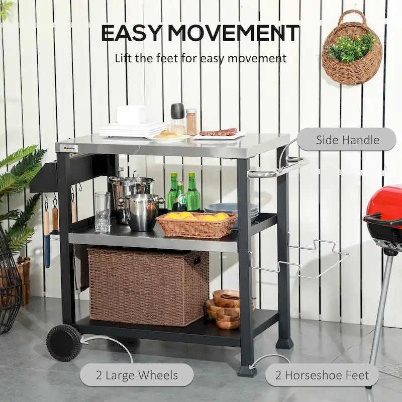 Chariot de desserte extérieur à trois niveaux avec plateau en acier inoxydable