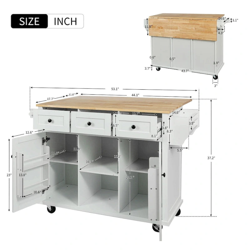 Desserte de cuisine blanche avec plateau rabattable en bois d'hévéa, 5 roulettes et 3 tiroirs