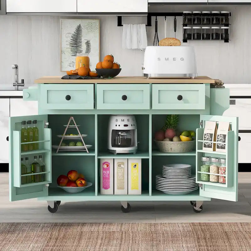 Desserte de cuisine blanche avec plateau rabattable en bois d'hévéa, 5 roulettes et 3 tiroirs