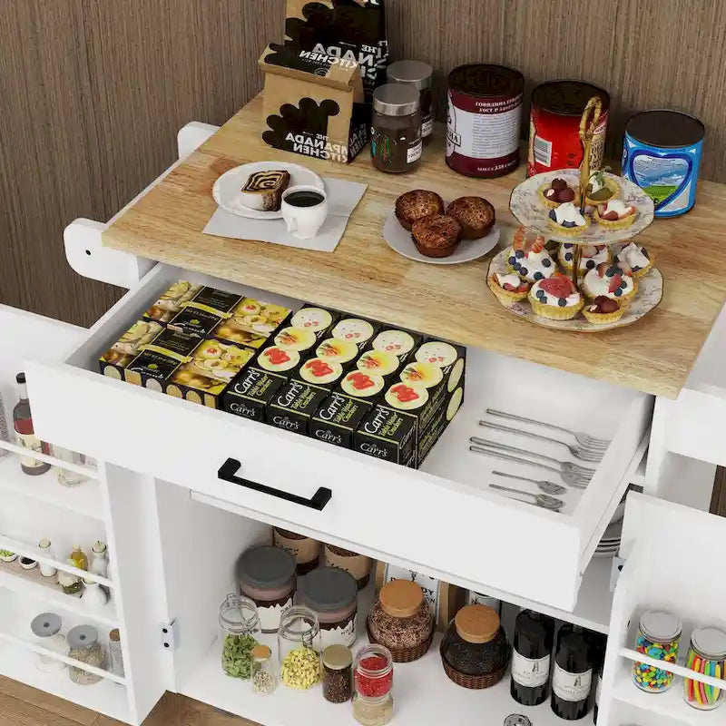 Îlot de cuisine sur roulettes avec tiroir, portes, étagères de rangement, étagères réglables