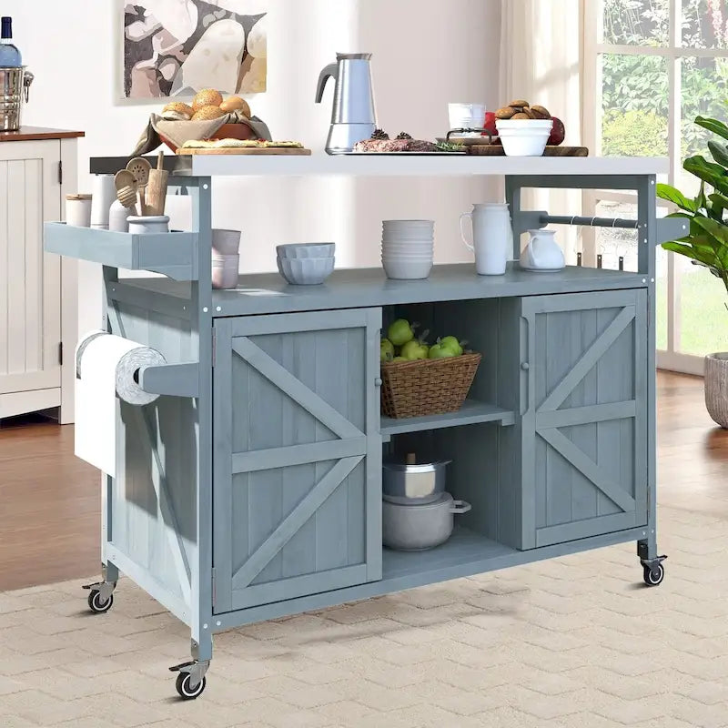 Îlot de cuisine élégant en bois vintage avec plateau en acier inoxydable, utilisation intérieure/extérieure