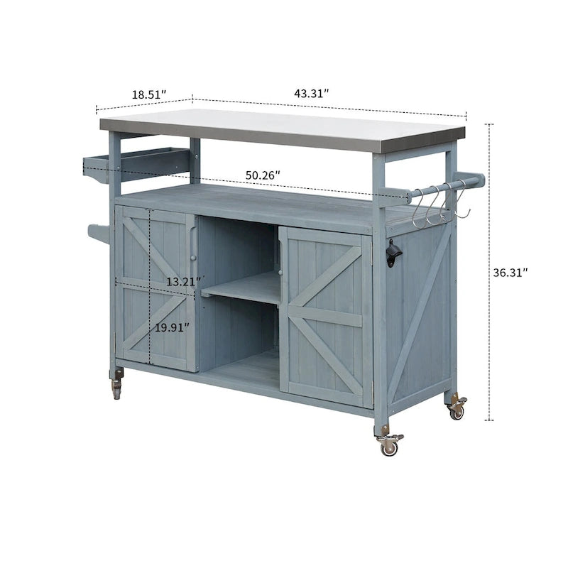 Îlot de cuisine élégant en bois vintage avec plateau en acier inoxydable, utilisation intérieure/extérieure