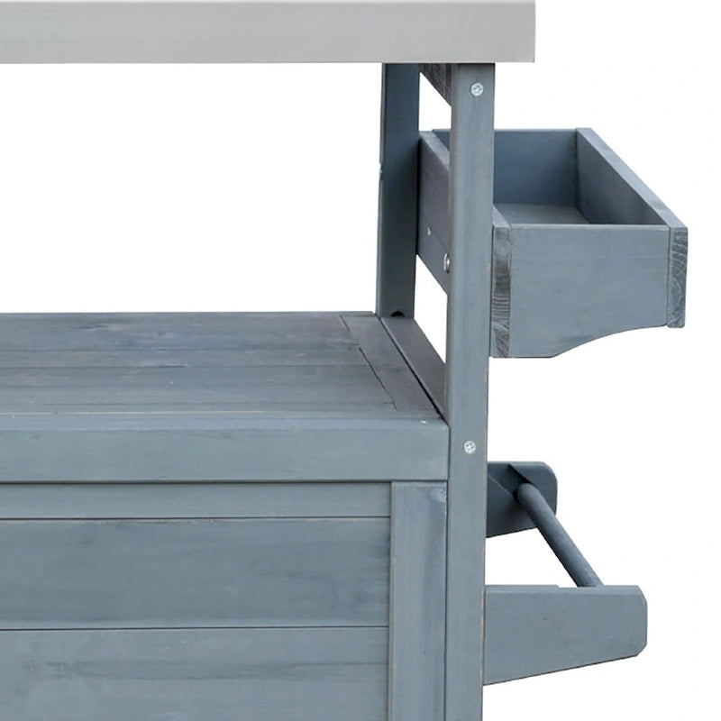 Îlot de cuisine élégant en bois vintage avec plateau en acier inoxydable, utilisation intérieure/extérieure