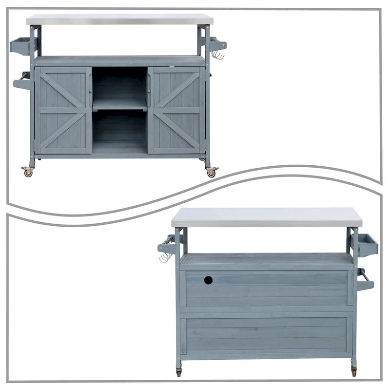 Îlot de cuisine élégant en bois vintage avec plateau en acier inoxydable, utilisation intérieure/extérieure