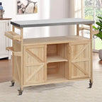 Îlot de cuisine élégant en bois vintage avec plateau en acier inoxydable, utilisation intérieure/extérieure