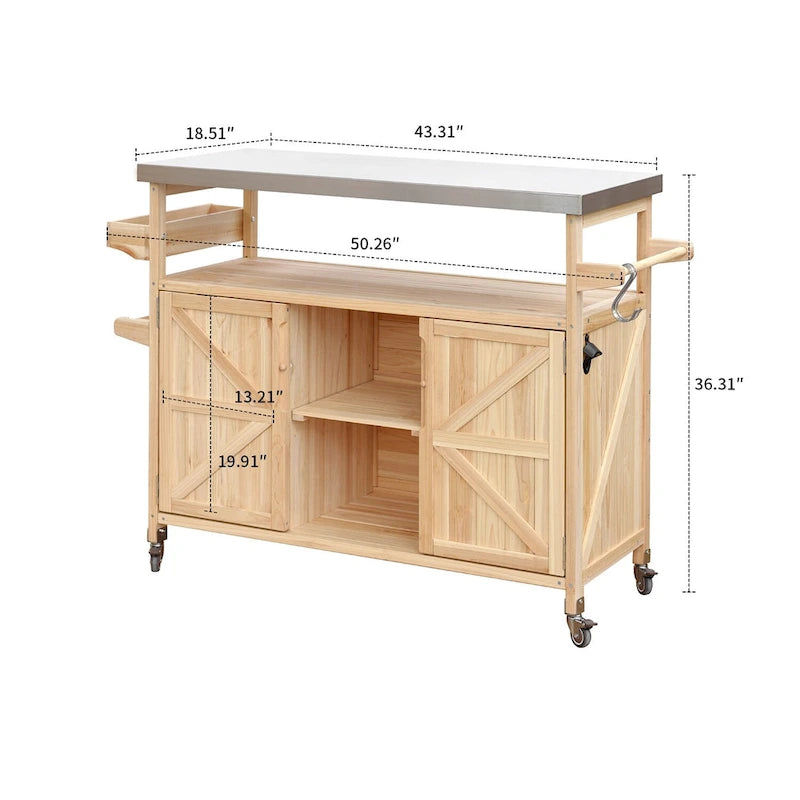 Îlot de cuisine élégant en bois vintage avec plateau en acier inoxydable, utilisation intérieure/extérieure