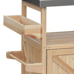 Îlot de cuisine élégant en bois vintage avec plateau en acier inoxydable, utilisation intérieure/extérieure