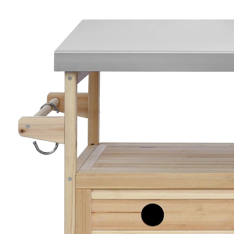 Îlot de cuisine élégant en bois vintage avec plateau en acier inoxydable, utilisation intérieure/extérieure