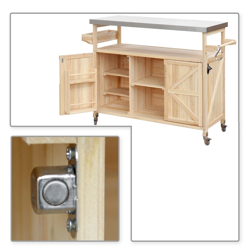Îlot de cuisine élégant en bois vintage avec plateau en acier inoxydable, utilisation intérieure/extérieure