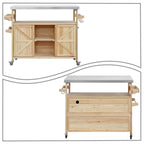 Îlot de cuisine élégant en bois vintage avec plateau en acier inoxydable, utilisation intérieure/extérieure
