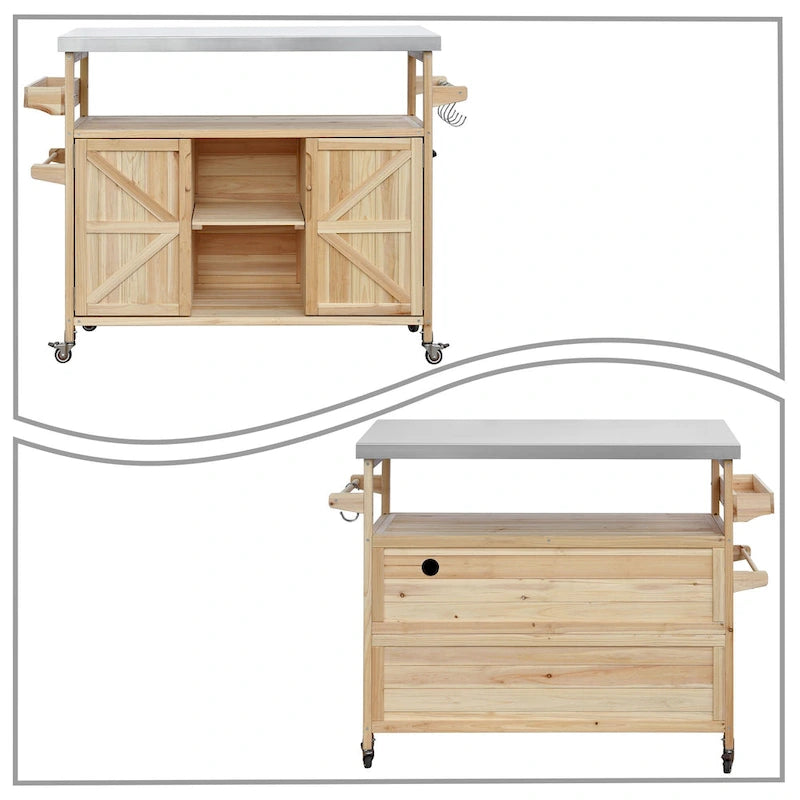 Îlot de cuisine élégant en bois vintage avec plateau en acier inoxydable, utilisation intérieure/extérieure