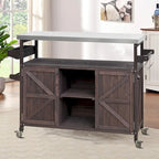Îlot de cuisine élégant en bois vintage avec plateau en acier inoxydable, utilisation intérieure/extérieure