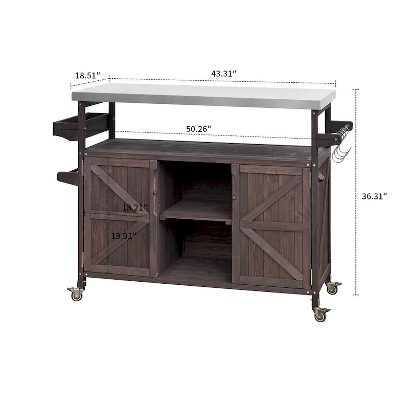 Îlot de cuisine élégant en bois vintage avec plateau en acier inoxydable, utilisation intérieure/extérieure