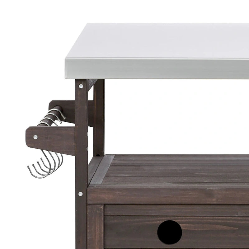 Îlot de cuisine élégant en bois vintage avec plateau en acier inoxydable, utilisation intérieure/extérieure