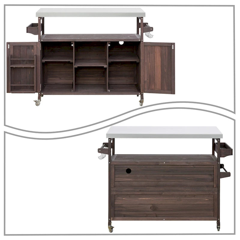 Îlot de cuisine élégant en bois vintage avec plateau en acier inoxydable, utilisation intérieure/extérieure